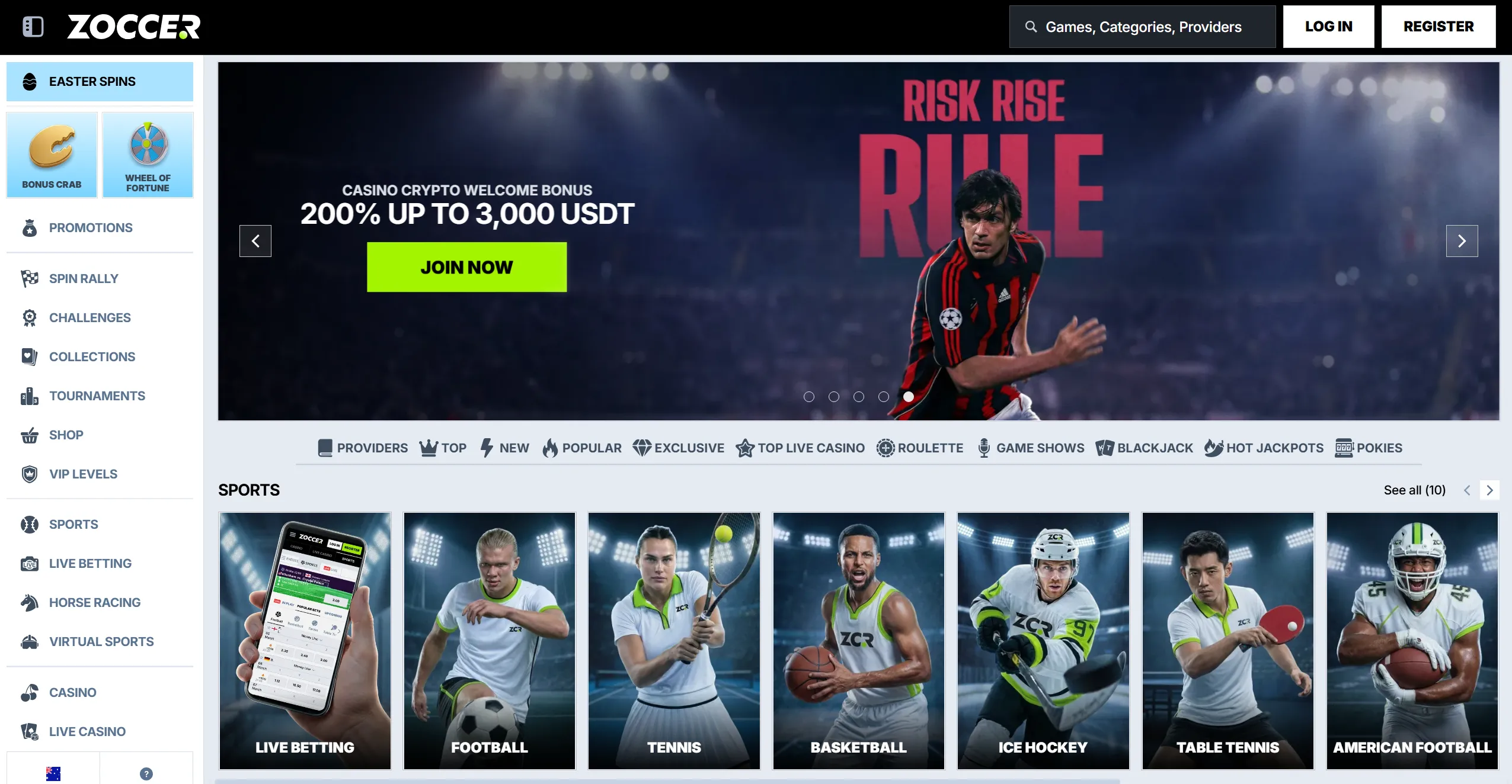 Zoccer frontpage with banner displaying a 200% bonus up to 3000 USDT